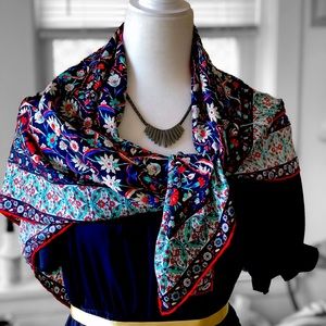 Vintage silk scarf, brightly colored floral w/ hand rolled edges, 35” x 35” sqr